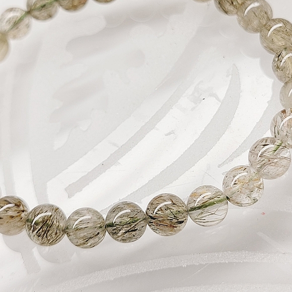 Natural Green Tourmaline Hair Rutilated Crystal Beads Stretch Bracelet Set - Picture 2 of 8